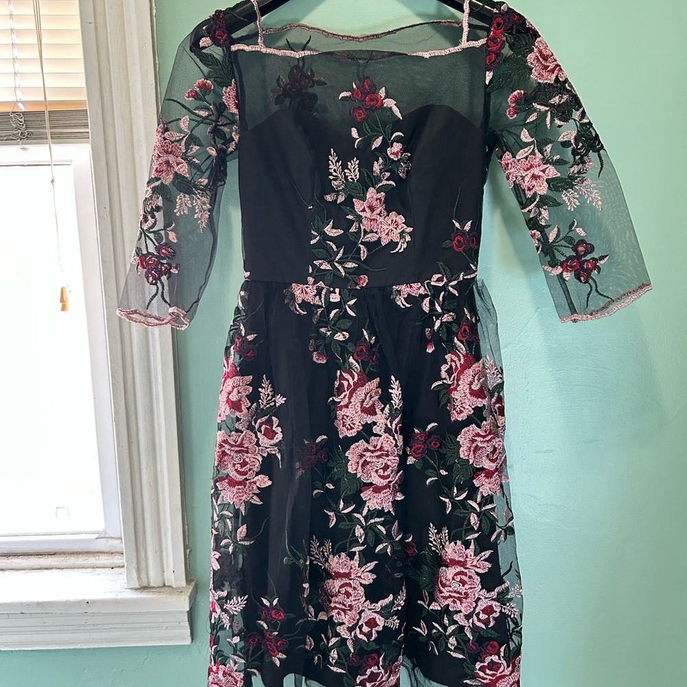 Chi Chi London Black Midi Dress with Pink Floral Embroidery